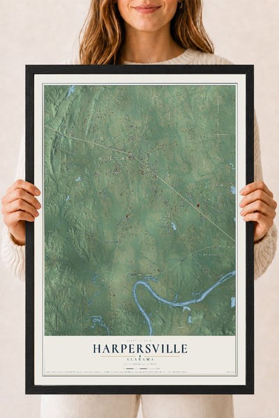 Map of Harpersville, Alabama, 18 x 24 inch print in a black wood frame
