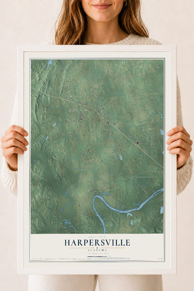 Map of Harpersville, Alabama, 18 x 24 inch print in a white wood frame