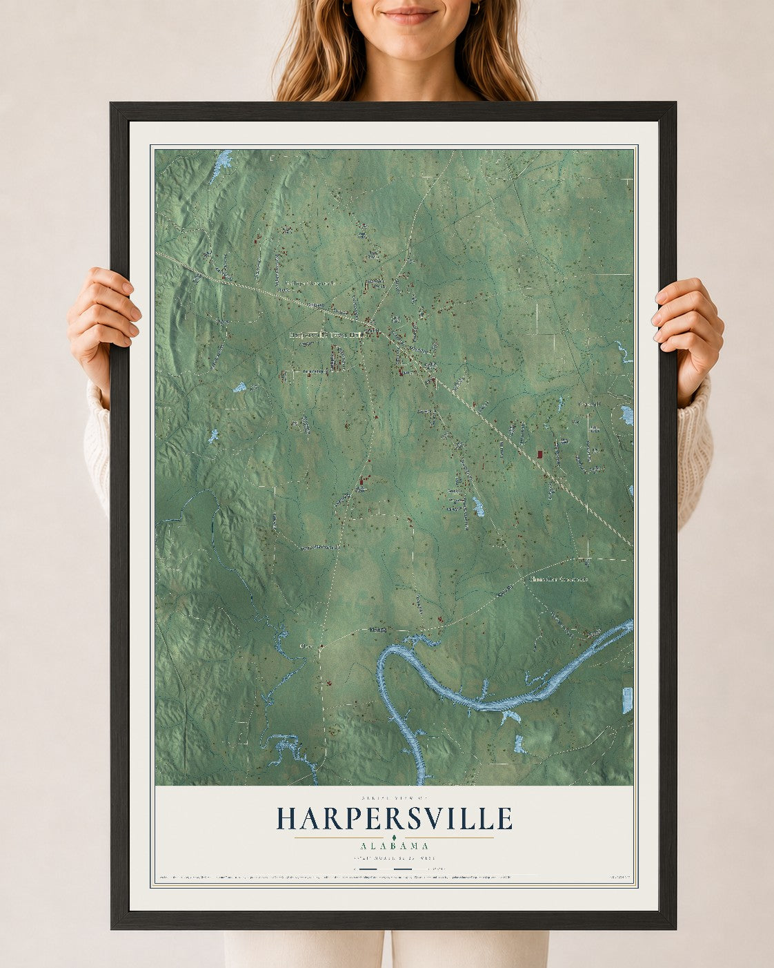 Map of Harpersville, Alabama, 24 x 36 inch print in a black wood frame
