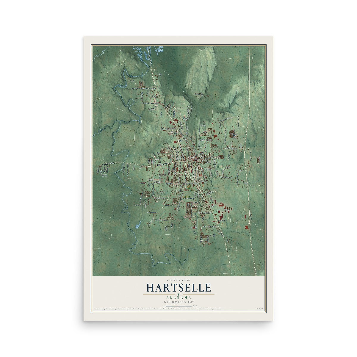 Map of Hartselle, Alabama, 12 x 18 inch unframed archival matte print