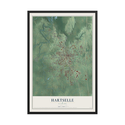 Map of Hartselle, Alabama, 12 x 18 inch print in a black wood frame