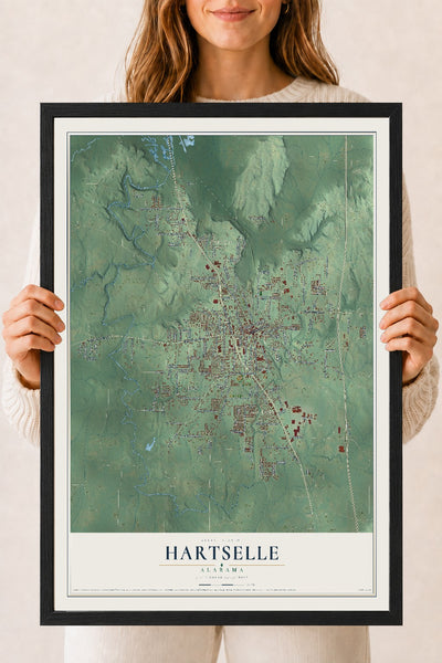 Map of Hartselle, Alabama, 18 x 24 inch print in a black wood frame