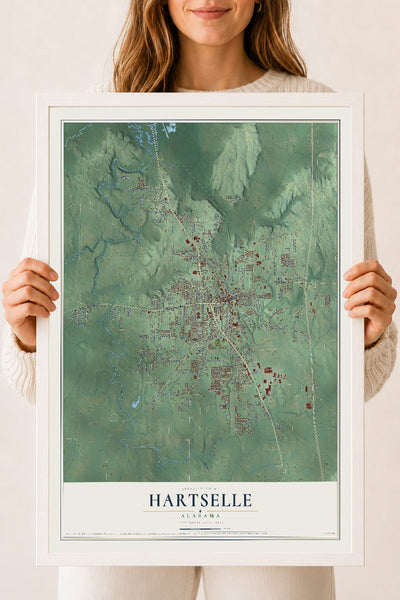 Map of Hartselle, Alabama, 18 x 24 inch print in a white wood frame