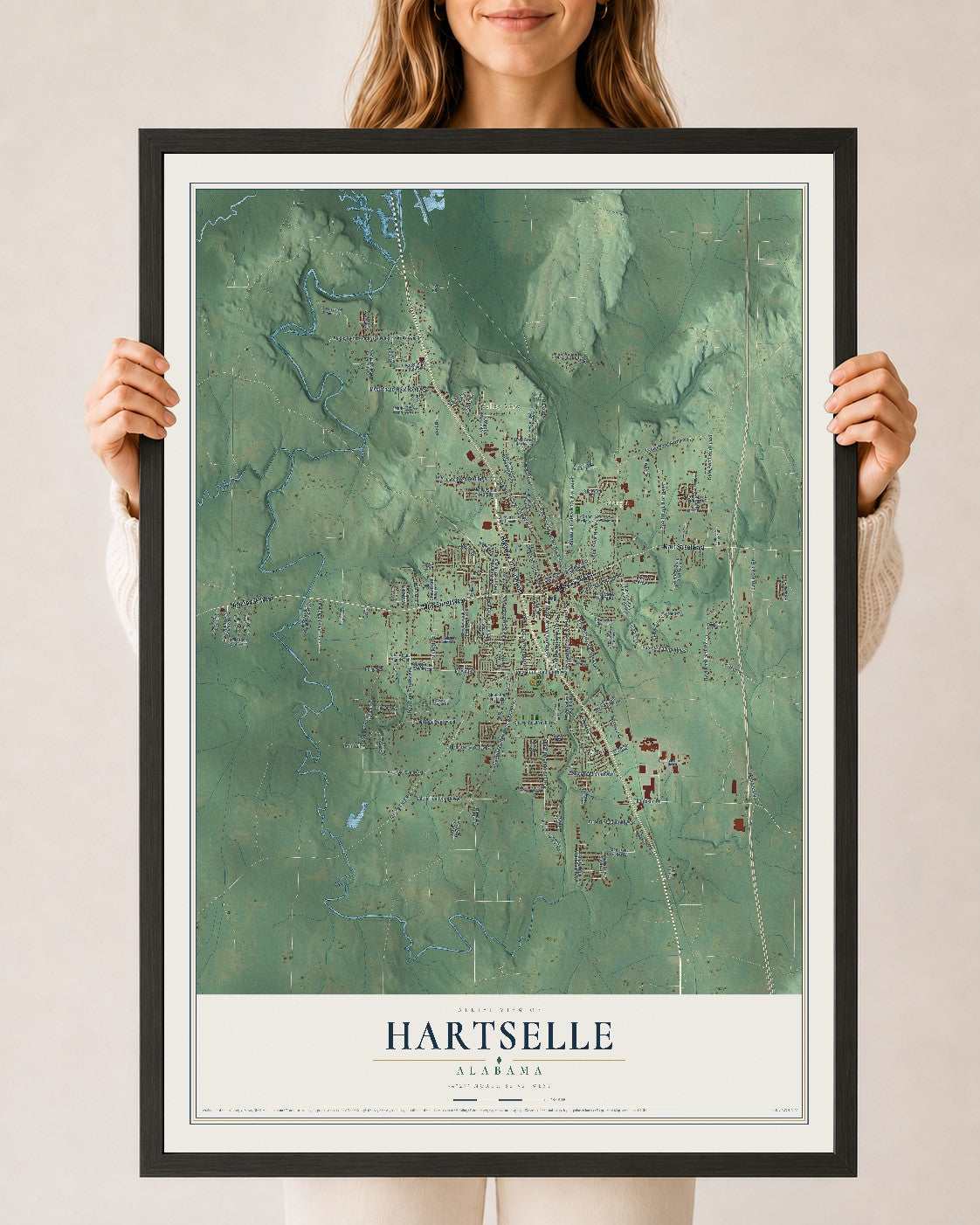 Map of Hartselle, Alabama, 24 x 36 inch print in a black wood frame