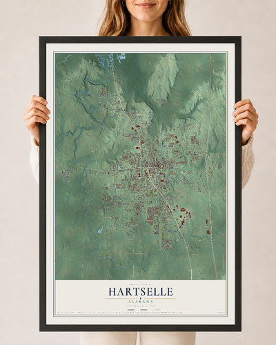 Map of Hartselle, Alabama, 24 x 36 inch print in a black wood frame