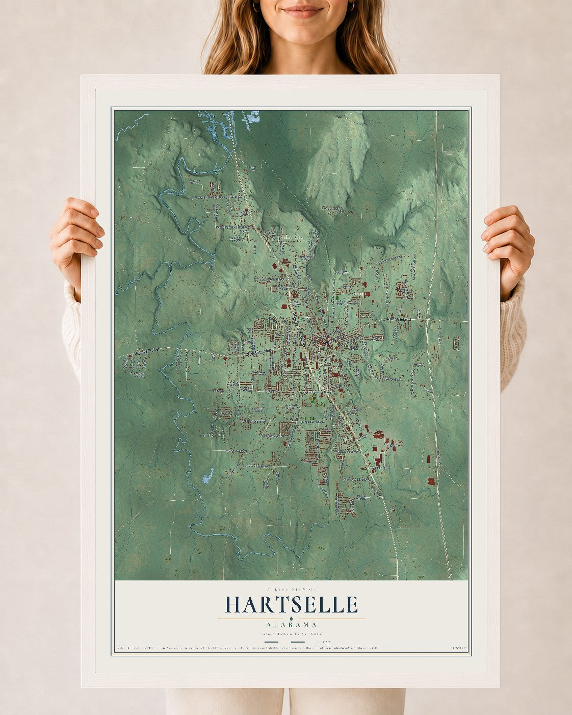 Map of Hartselle, Alabama, 24 x 36 inch print in a white wood frame