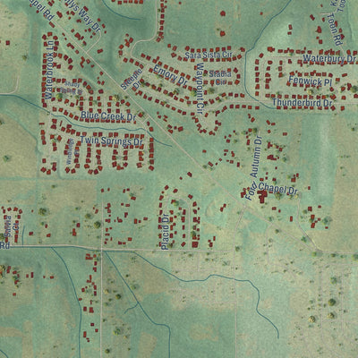 Close-up of the map of Harvest, Alabama print showing street and building detail