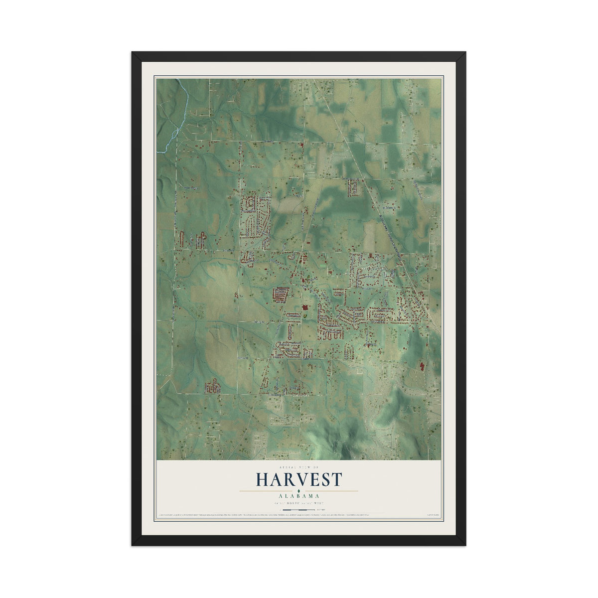 Map of Harvest, Alabama, 12 x 18 inch print in a black wood frame