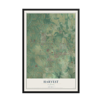 Map of Harvest, Alabama, 12 x 18 inch print in a black wood frame