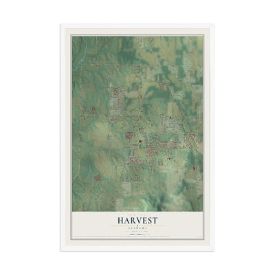 Map of Harvest, Alabama, 12 x 18 inch print in a white wood frame