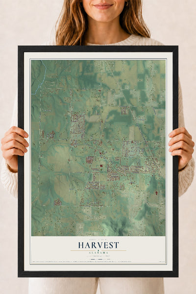 Map of Harvest, Alabama, 18 x 24 inch print in a black wood frame