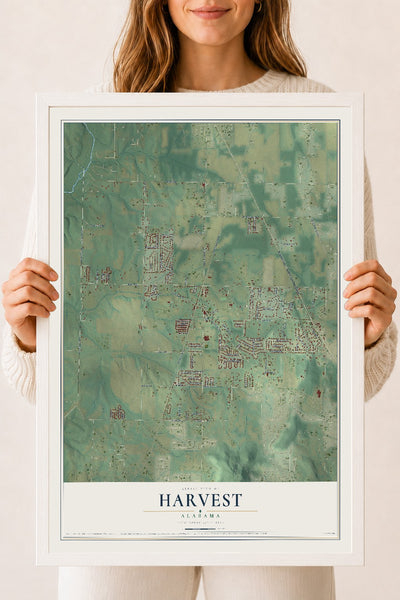 Map of Harvest, Alabama, 18 x 24 inch print in a white wood frame