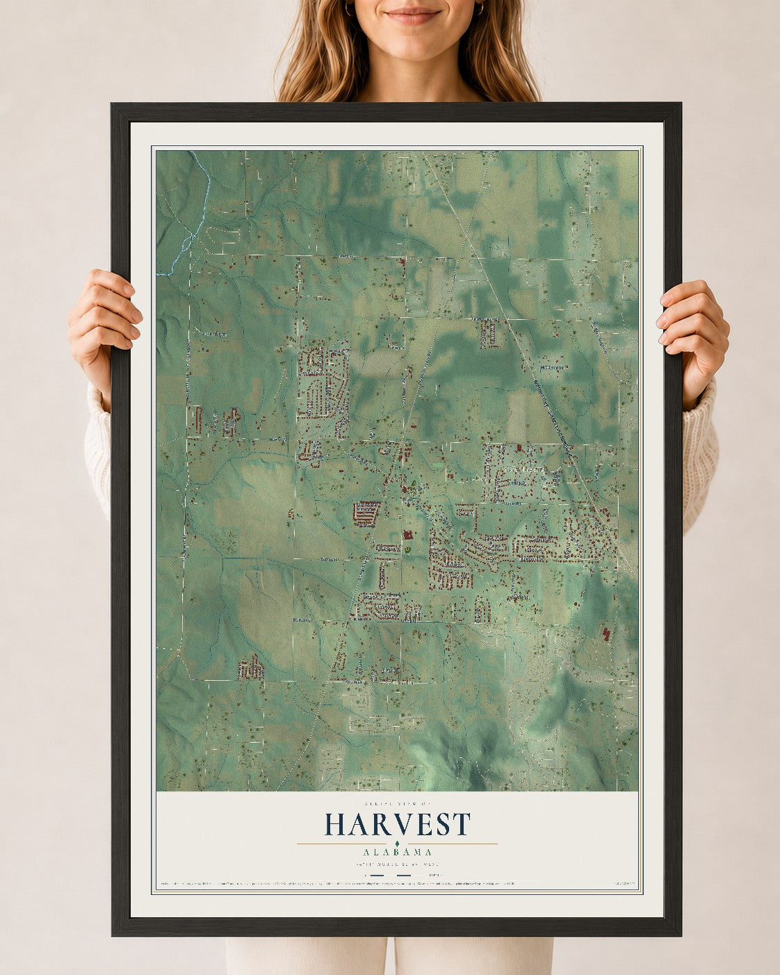 Map of Harvest, Alabama, 24 x 36 inch print in a black wood frame
