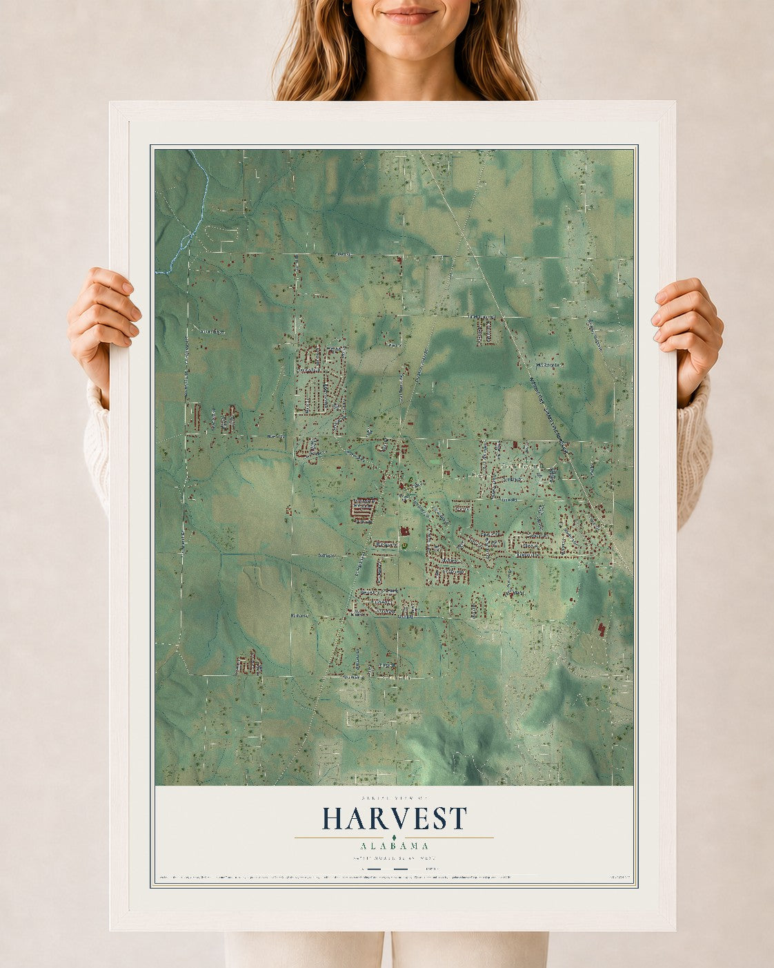 Map of Harvest, Alabama, 24 x 36 inch print in a white wood frame