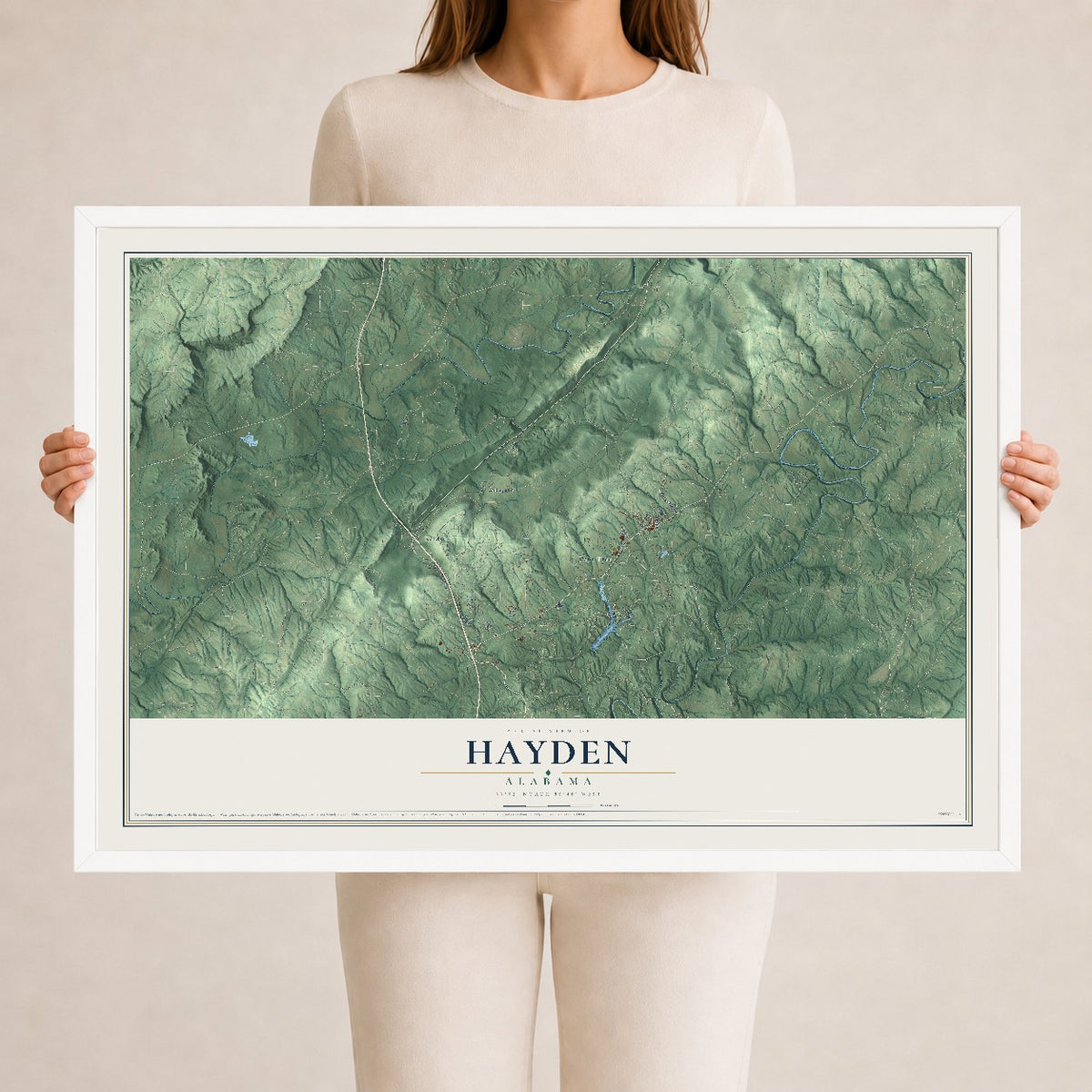 Map of Hayden, Alabama, 24 x 36 inch print in a white wood frame