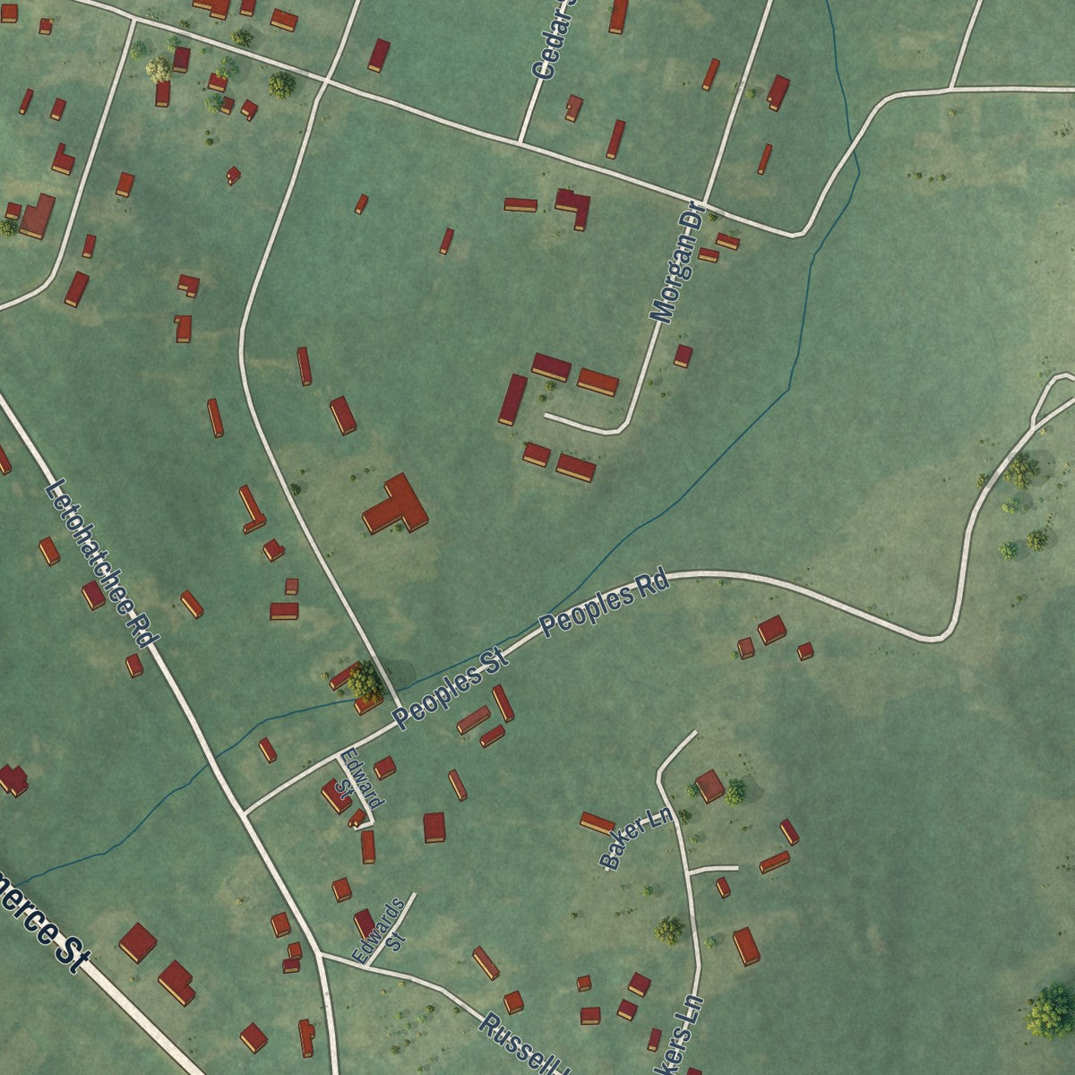 Second close-up of the map of Hayneville, Alabama print showing more streets and buildings