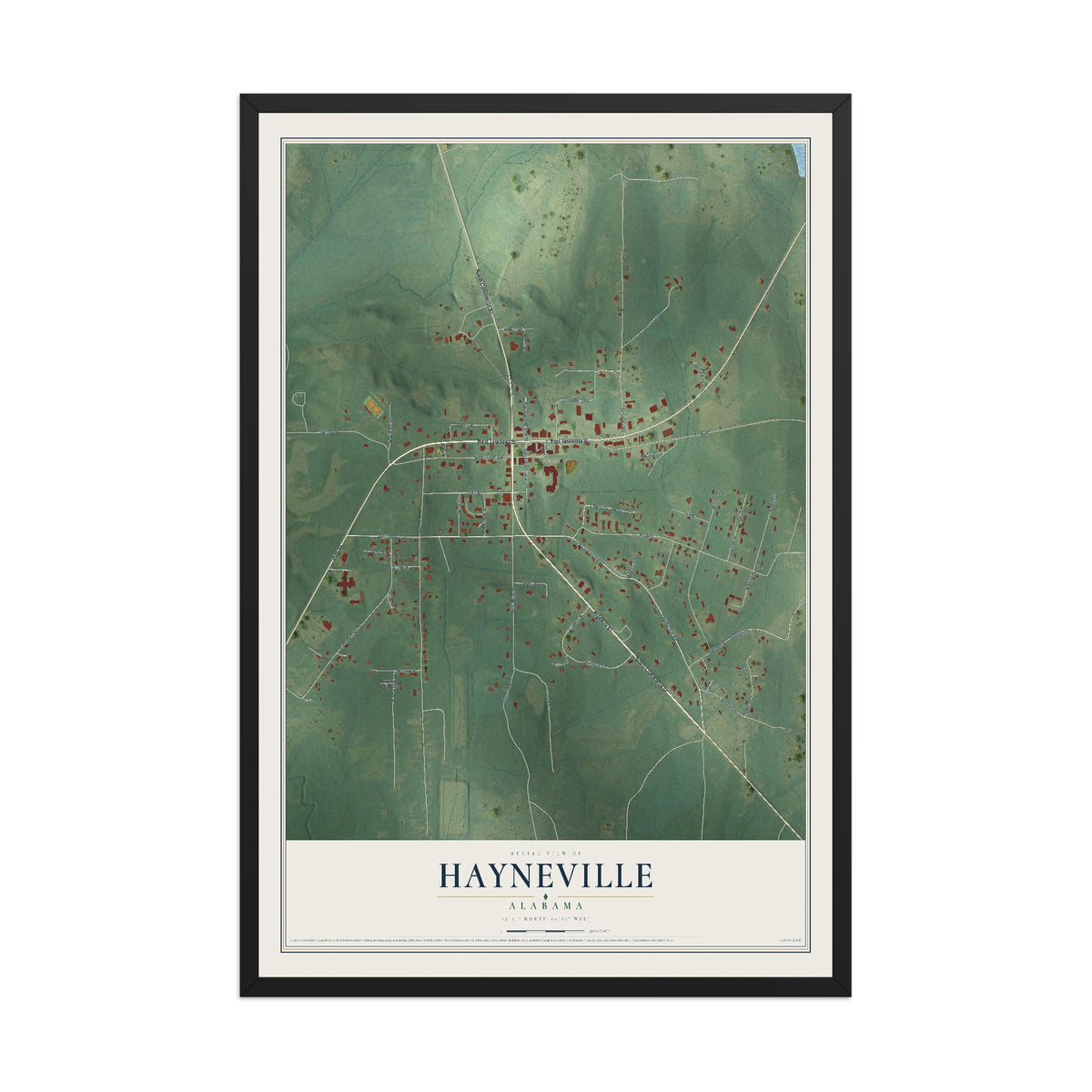 Map of Hayneville, Alabama, 12 x 18 inch print in a black wood frame