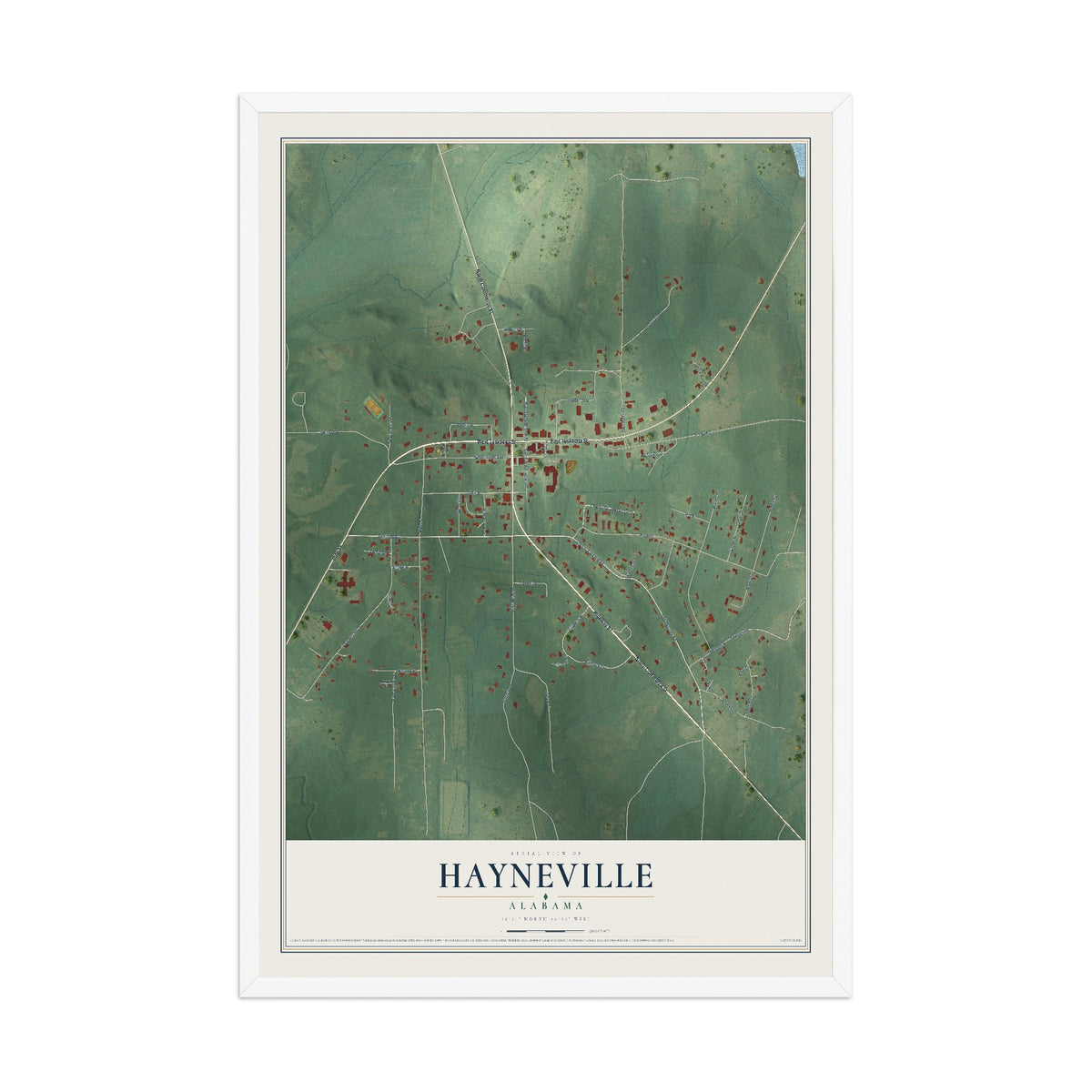 Map of Hayneville, Alabama, 12 x 18 inch print in a white wood frame