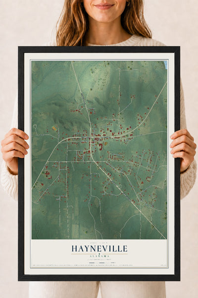 Map of Hayneville, Alabama, 18 x 24 inch print in a black wood frame