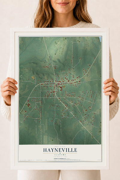 Map of Hayneville, Alabama, 18 x 24 inch print in a white wood frame