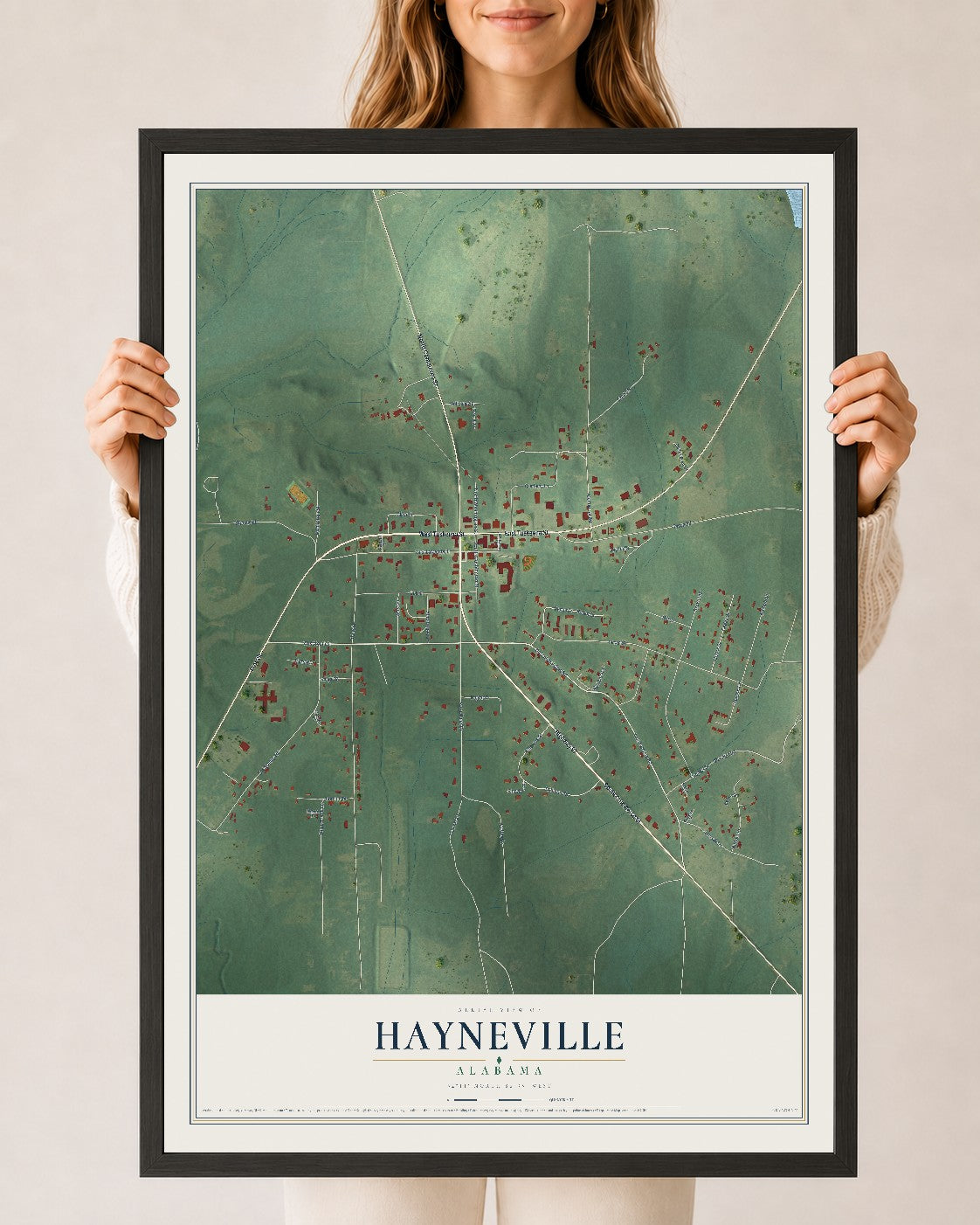 Map of Hayneville, Alabama, 24 x 36 inch print in a black wood frame