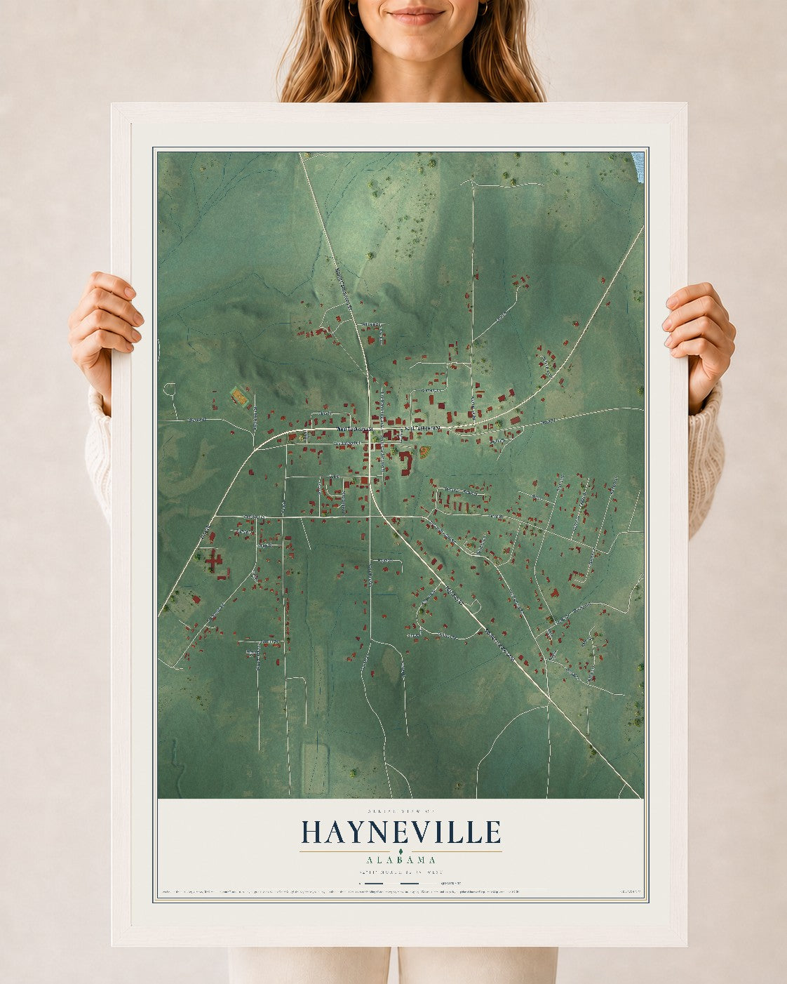 Map of Hayneville, Alabama, 24 x 36 inch print in a white wood frame