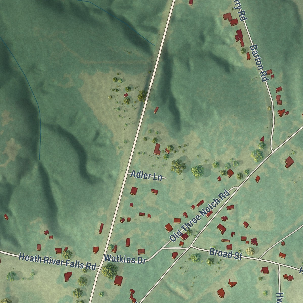 Close-up of the map of Heath, Alabama print showing street and building detail
