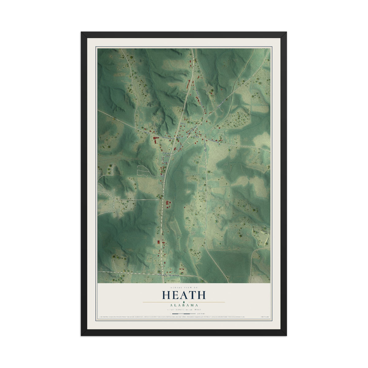 Map of Heath, Alabama, 12 x 18 inch print in a black wood frame