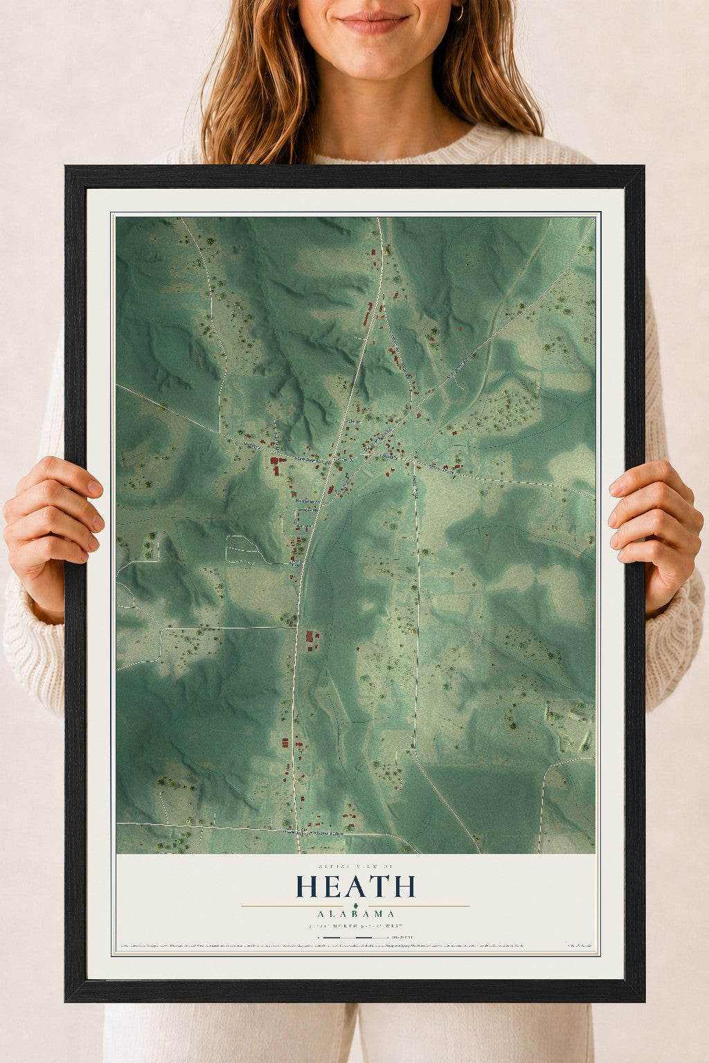 Map of Heath, Alabama, 18 x 24 inch print in a black wood frame