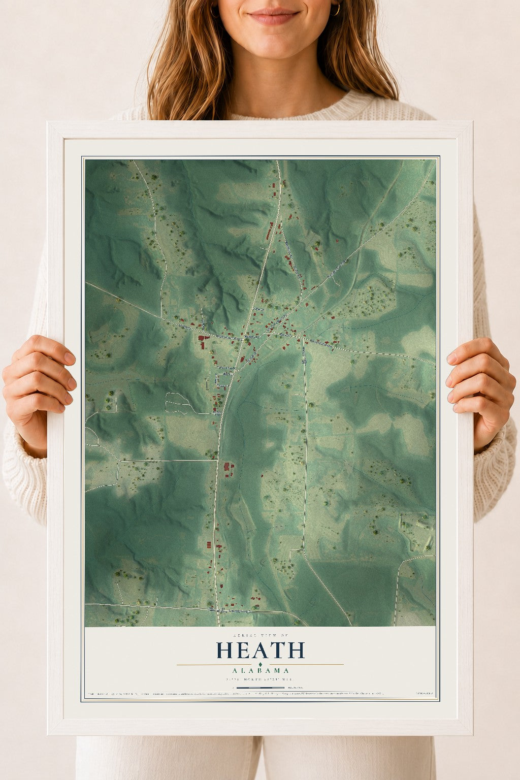 Map of Heath, Alabama, 18 x 24 inch print in a white wood frame