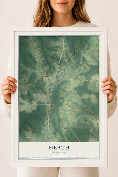 Map of Heath, Alabama, 18 x 24 inch print in a white wood frame