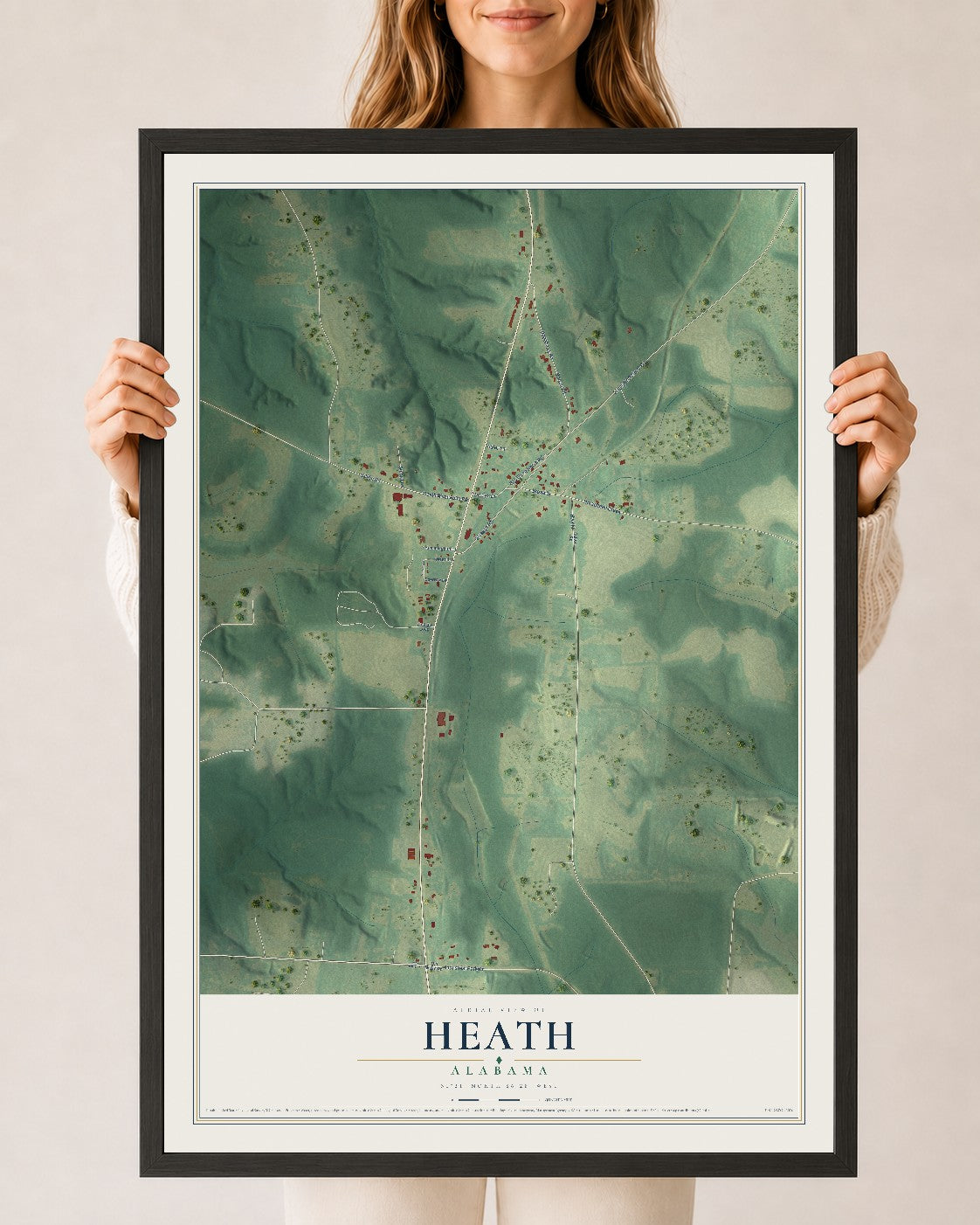 Map of Heath, Alabama, 24 x 36 inch print in a black wood frame