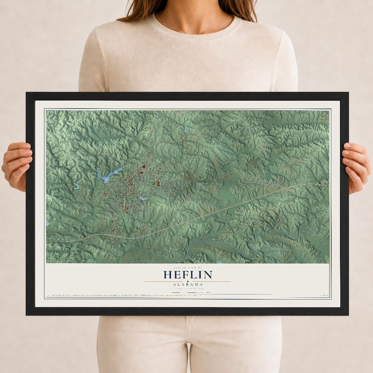 Map of Heflin, Alabama, 12 x 18 inch print in a black wood frame