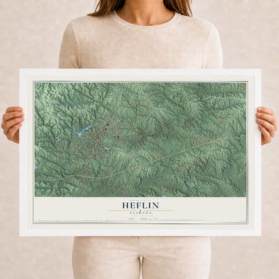 Map of Heflin, Alabama, 12 x 18 inch print in a white wood frame