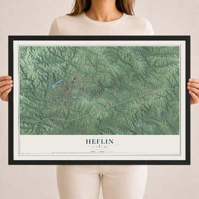 Map of Heflin, Alabama, 18 x 24 inch print in a black wood frame