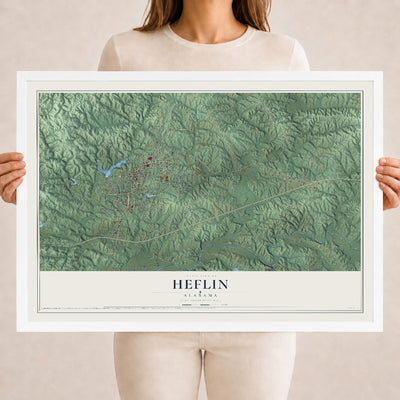 Map of Heflin, Alabama, 18 x 24 inch print in a white wood frame
