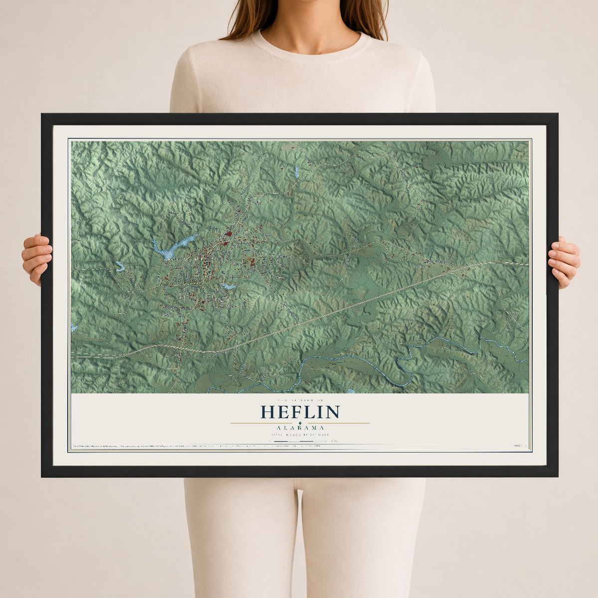 Map of Heflin, Alabama, 24 x 36 inch print in a black wood frame