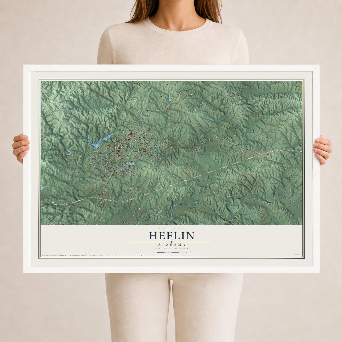 Map of Heflin, Alabama, 24 x 36 inch print in a white wood frame