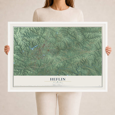 Map of Heflin, Alabama, 24 x 36 inch print in a white wood frame