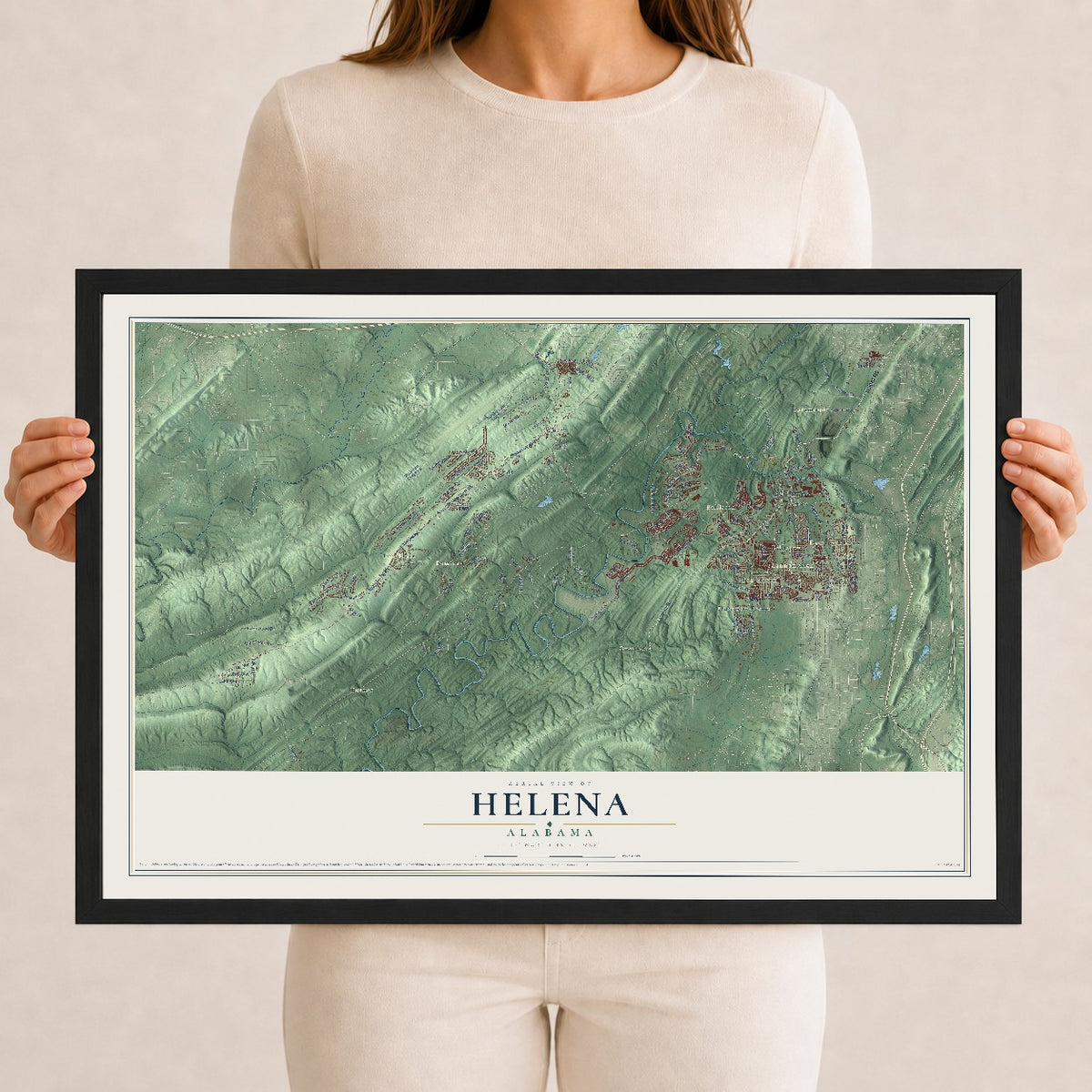 Map of Helena, Alabama, 12 x 18 inch print in a black wood frame