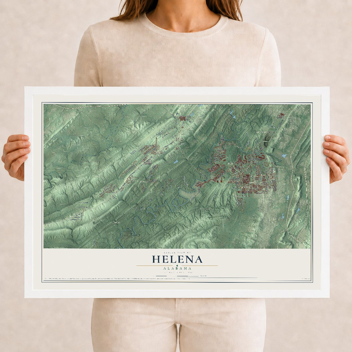 Map of Helena, Alabama, 12 x 18 inch print in a white wood frame