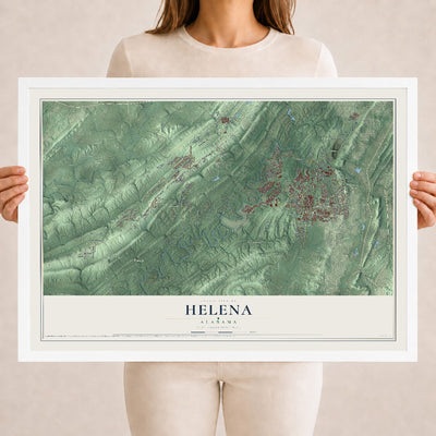 Map of Helena, Alabama, 18 x 24 inch print in a white wood frame