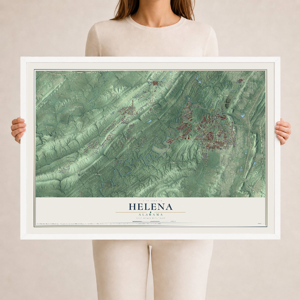 Map of Helena, Alabama, 24 x 36 inch print in a white wood frame