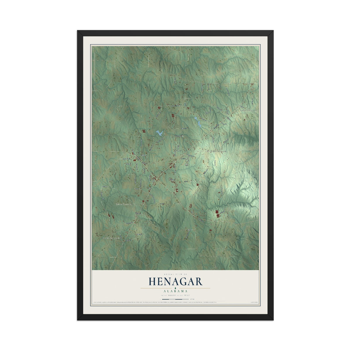 Map of Henagar, Alabama, 12 x 18 inch print in a black wood frame