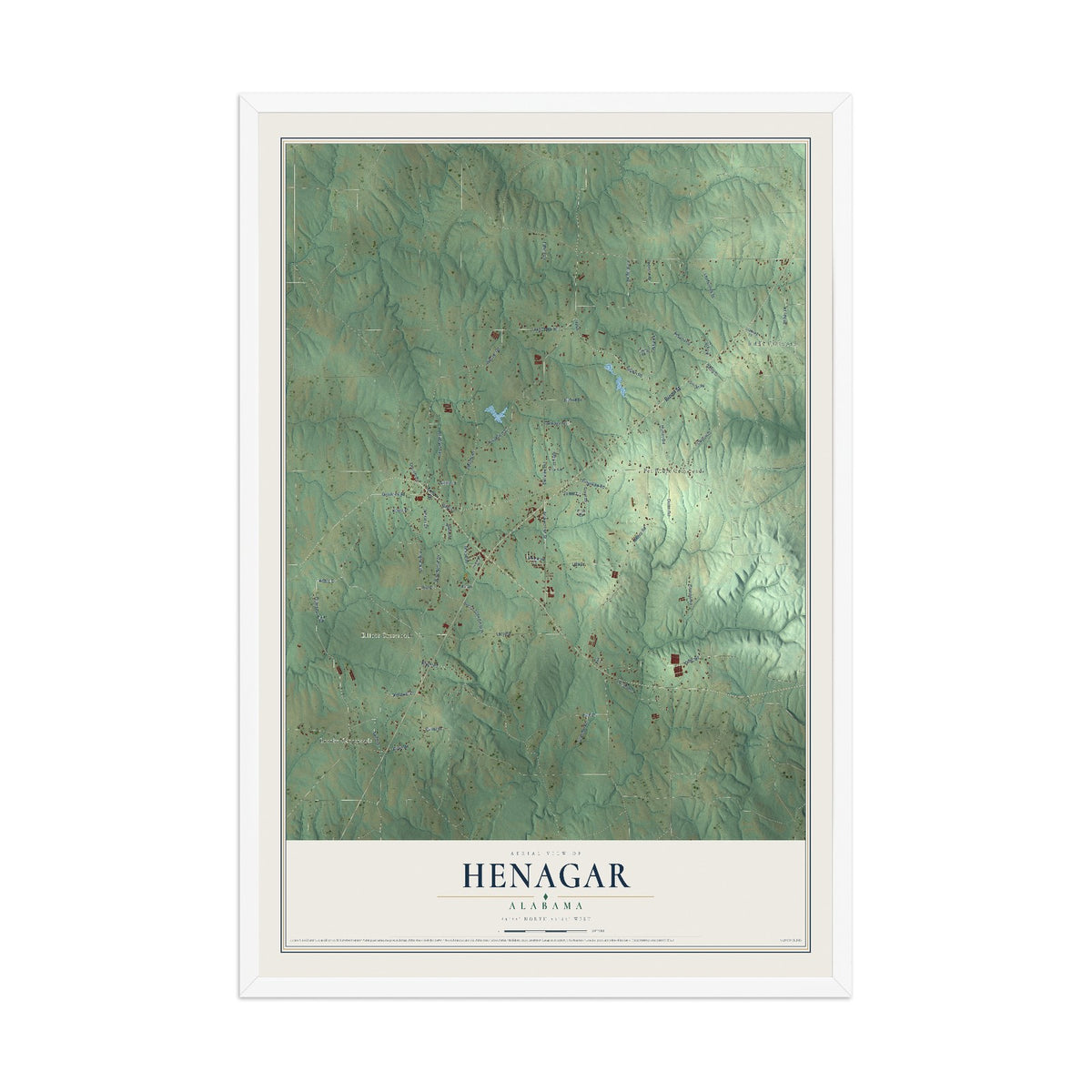Map of Henagar, Alabama, 12 x 18 inch print in a white wood frame