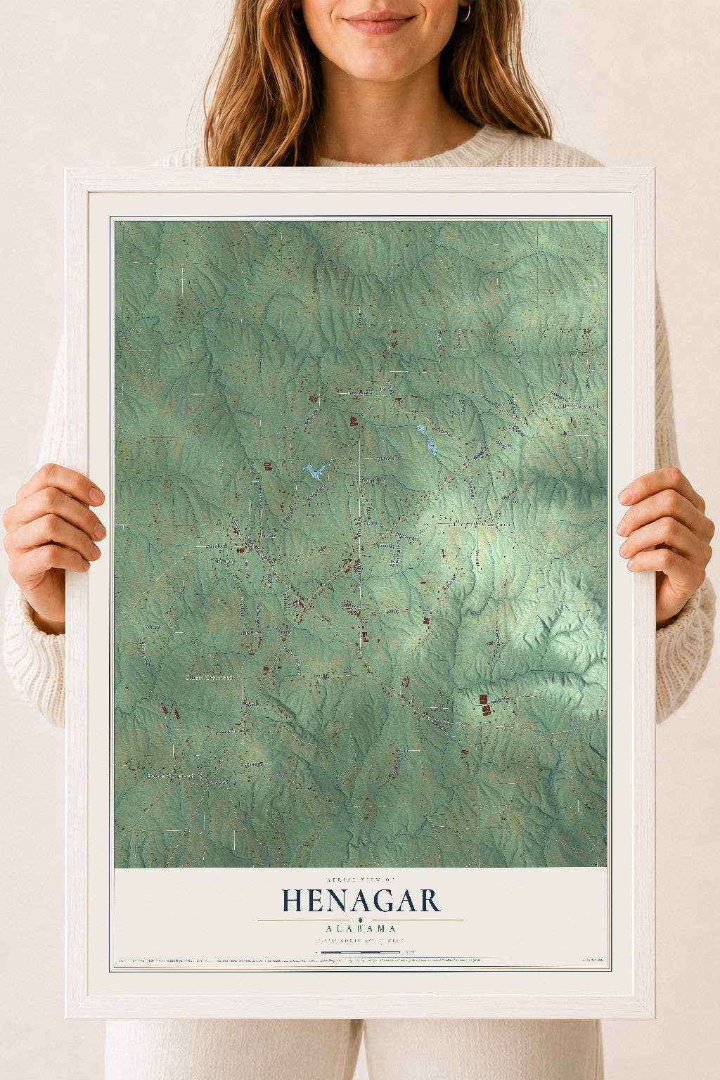 Map of Henagar, Alabama, 18 x 24 inch print in a white wood frame