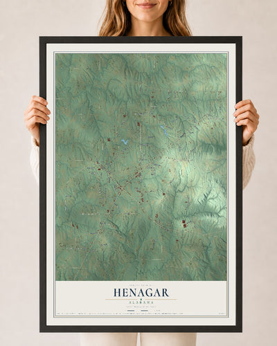 Map of Henagar, Alabama, 24 x 36 inch print in a black wood frame