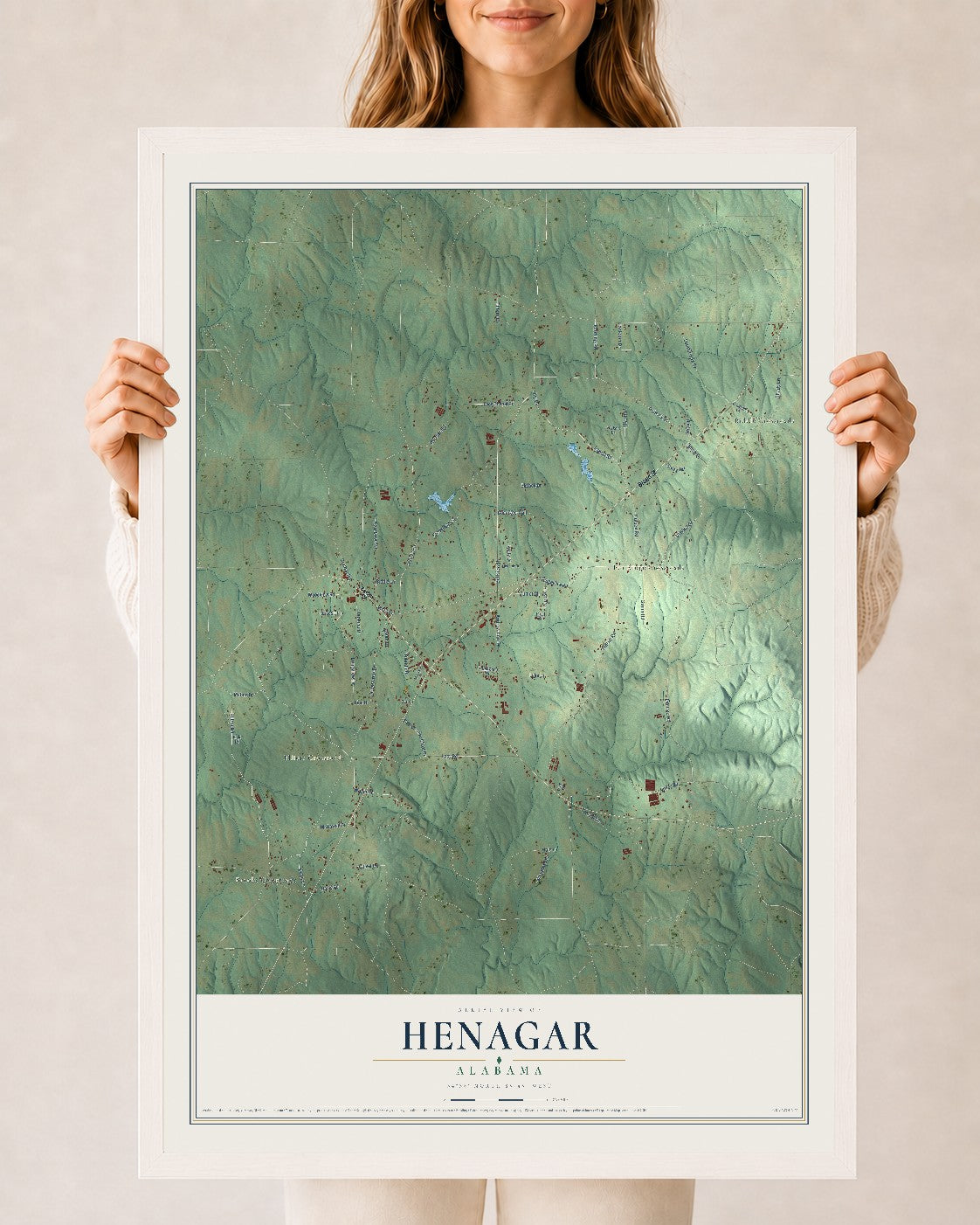 Map of Henagar, Alabama, 24 x 36 inch print in a white wood frame