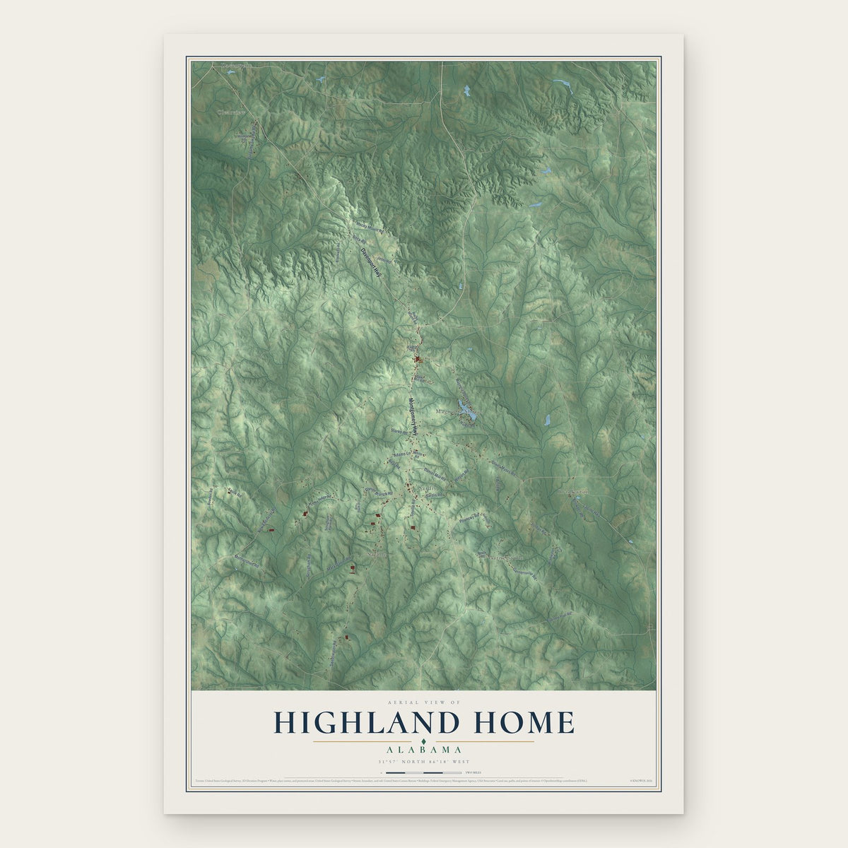 Highland Home, Alabama map print, the full design