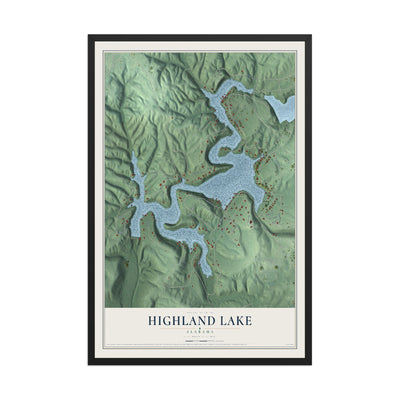 Map of Highland Lake, Alabama, 12 x 18 inch print in a black wood frame